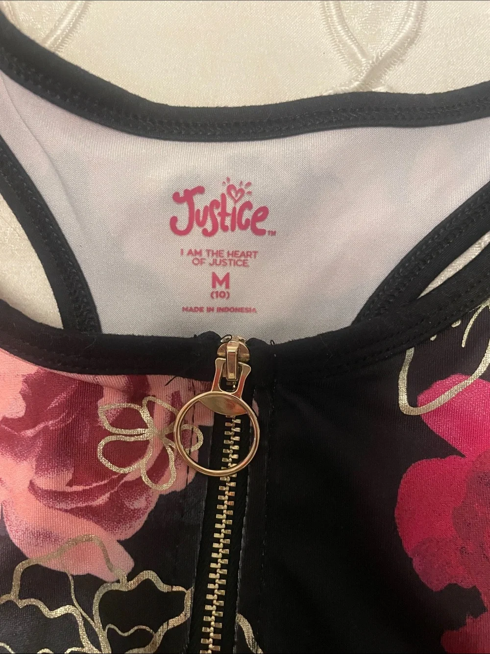 Justice Black Floral Zip Crop Tank with metalic Accents